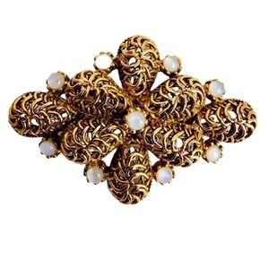 Vintage Filigree Faux Moonstone Brooch Gold Tone Metal Pin 60s Victorian Revival